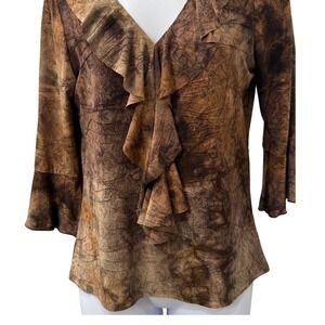 DressBarn Vintage Y2K Ruffle Blouse Brown Bell Sleeve Fairy Grunge Stretch S